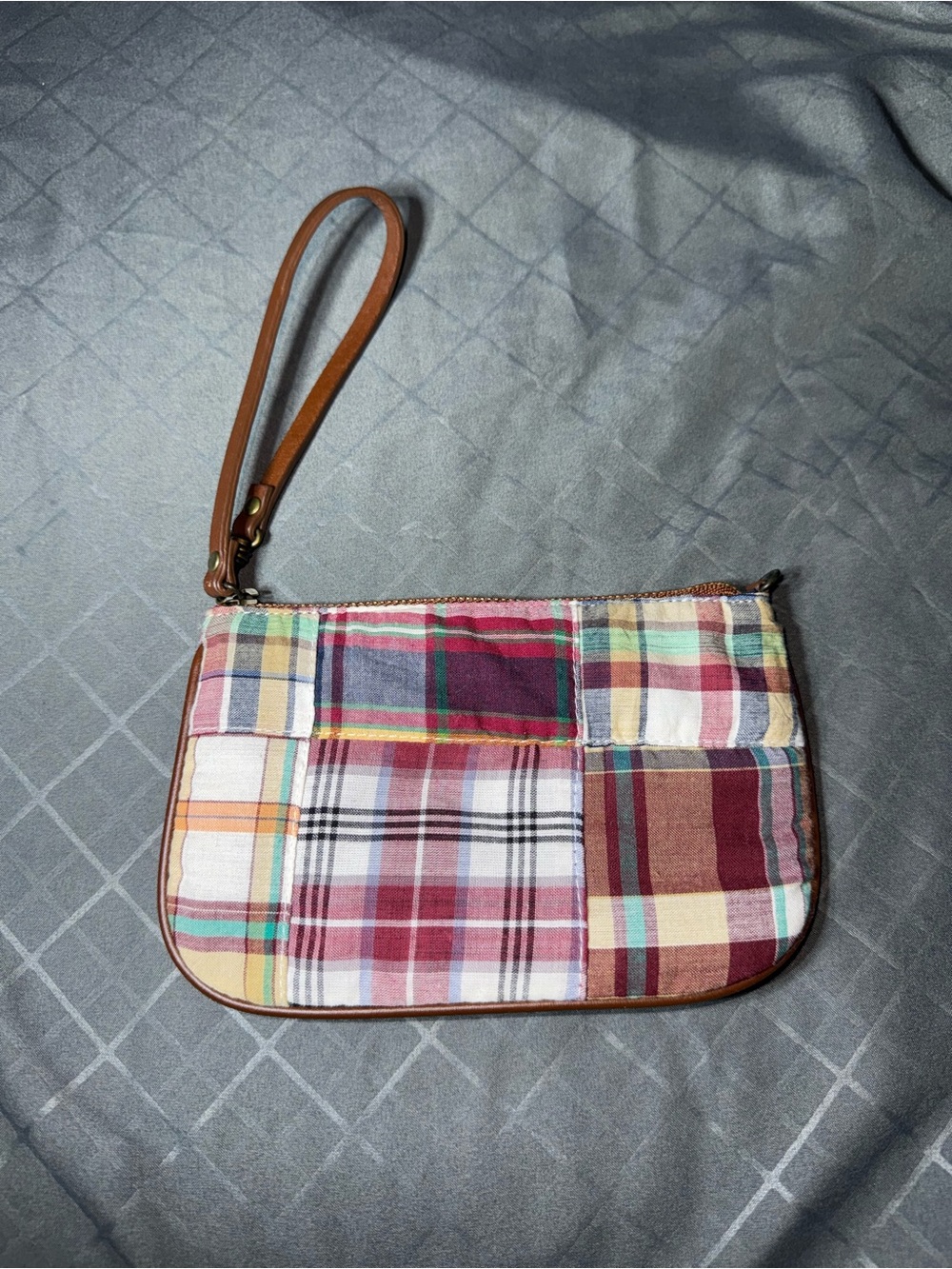 Y2K J. Crew Patchwork Plaid Wristlet Clutch - Burgundy, Brown & Multicolor